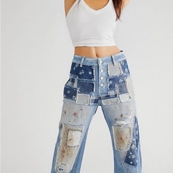 NWT Free People We The free Azale Daisy Patchwork jeans size 30 - Picture 3 of 10